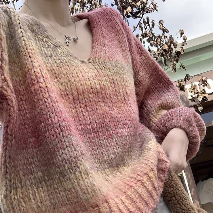 レインボーVネックルーズニット[品番：SHNW0010282]｜Achic