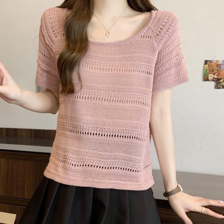 ピンク | 透かし編み半袖ニット Tシャツ | Achic
