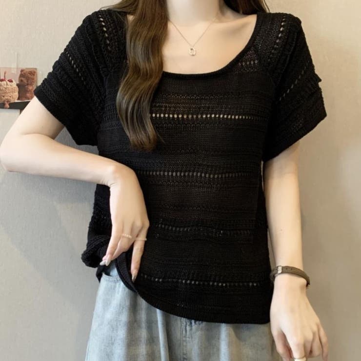ブラック | 透かし編み半袖ニット Tシャツ | Achic