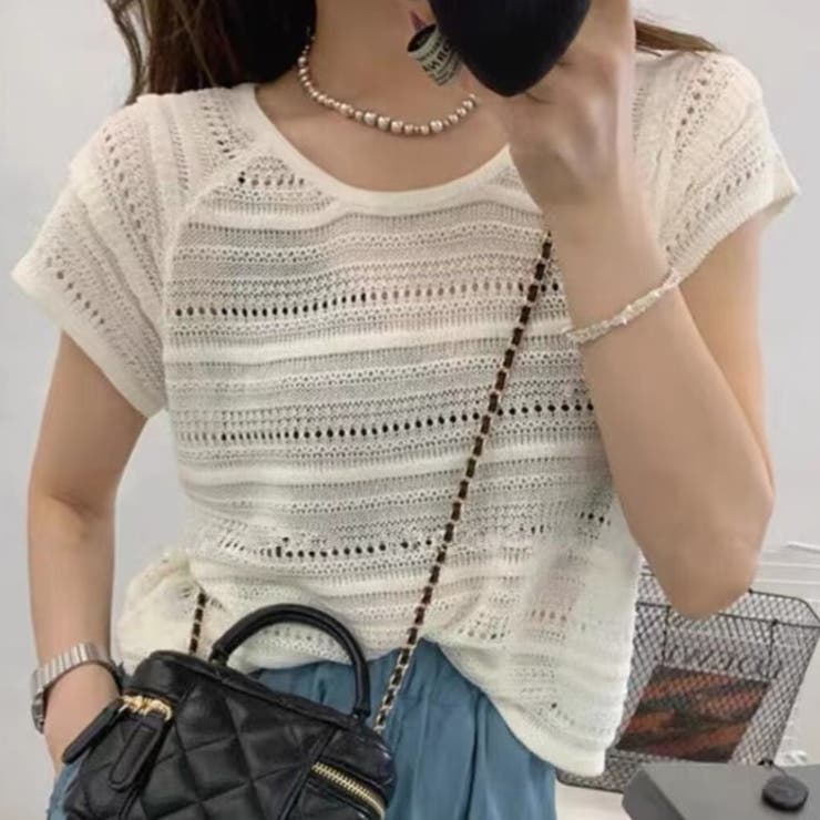 透かし編み半袖ニット Tシャツ | Achic | 詳細画像2 