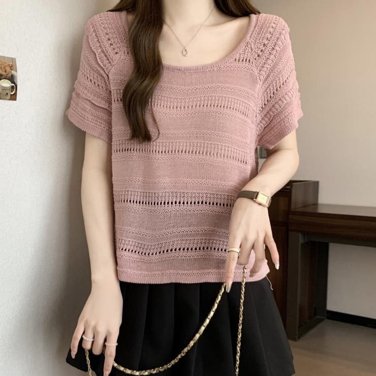 透かし編み半袖ニット Tシャツ[品番：SHNW0011394]｜Achic