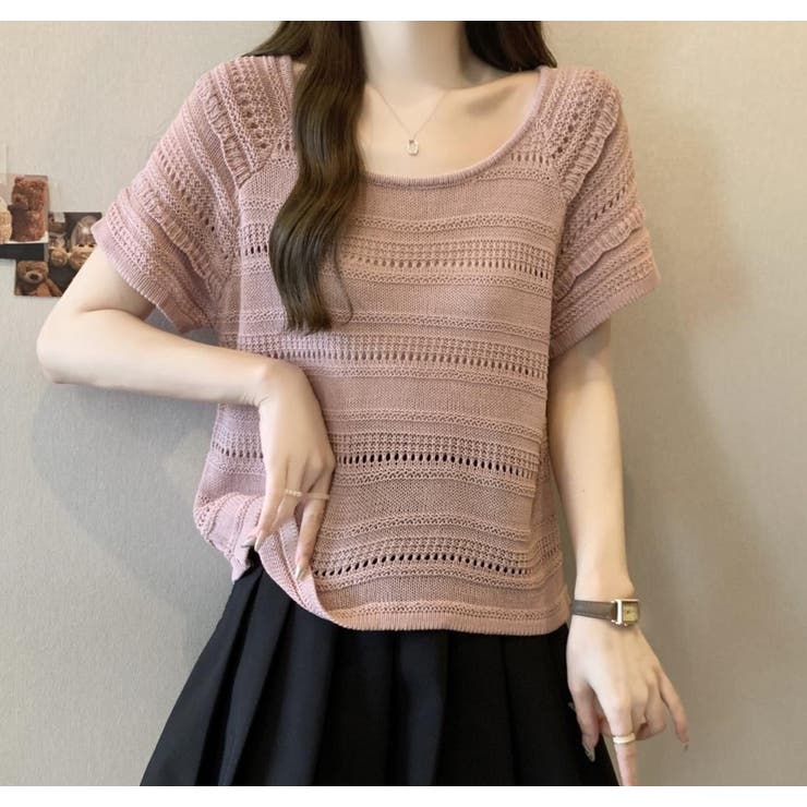 透かし編み半袖ニット Tシャツ | Achic | 詳細画像3 