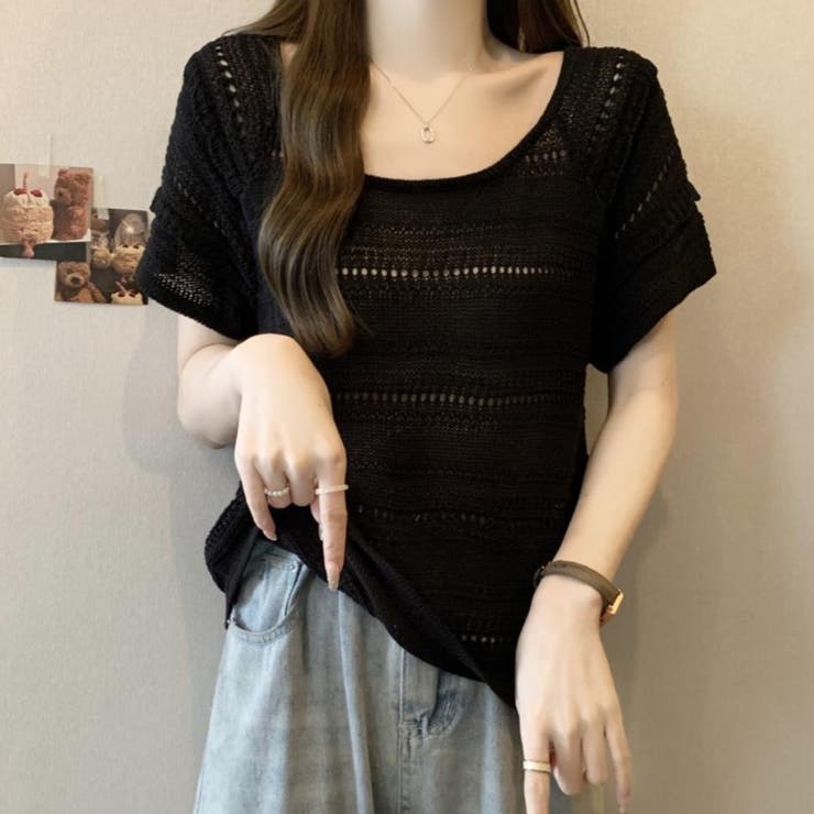 透かし編み半袖ニット Tシャツ | Achic | 詳細画像4 