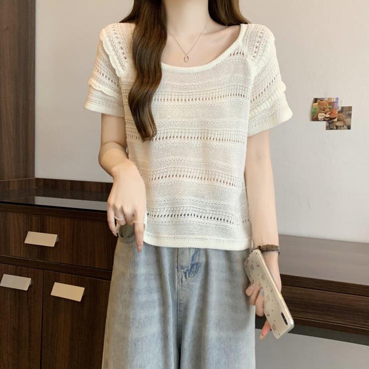 透かし編み半袖ニット Tシャツ[品番：SHNW0011394]｜Achic