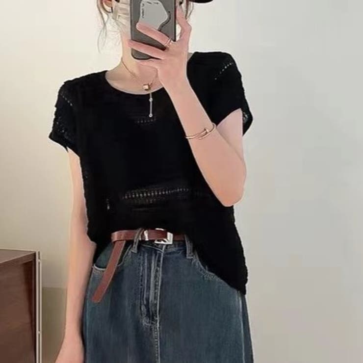 STYLE & EDIT かぎ編みTシャツ ブラック 黒 STYLE & EDIT かぎ編みTシャツ ブラック 黒