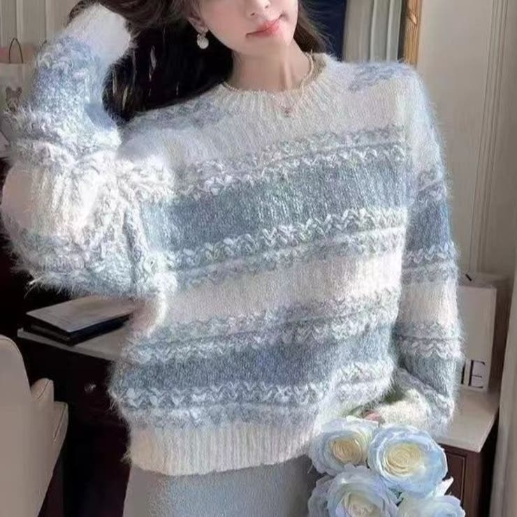 ブルー | ボーダー クロップド丈 シャギーニット | Achic