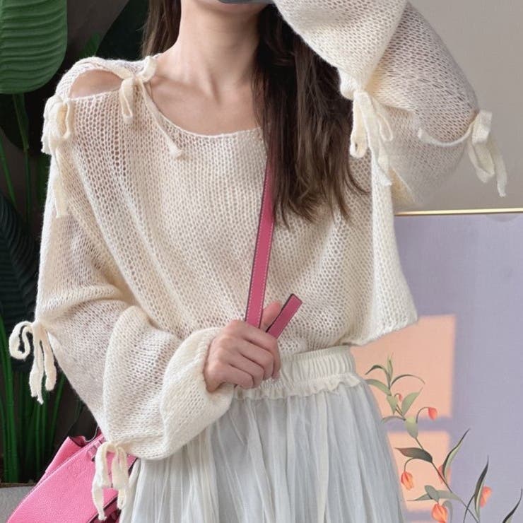 2wayリボン肩あきメッシュニット[品番：SHNW0011737]｜Achic（アシック