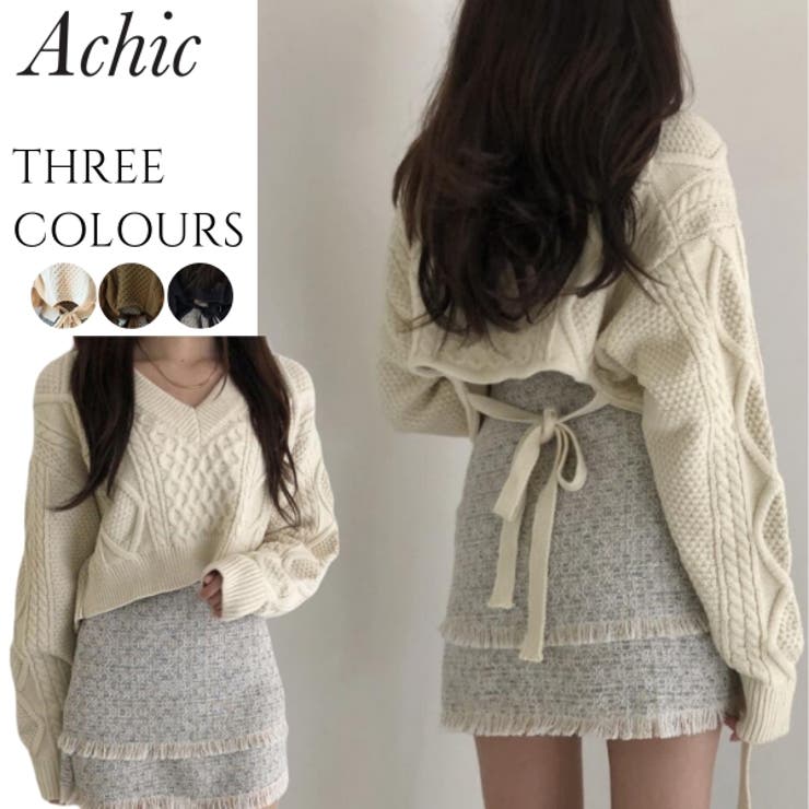 バック不規則 V ネックルーズニットセーター | Achic | 詳細画像1 
