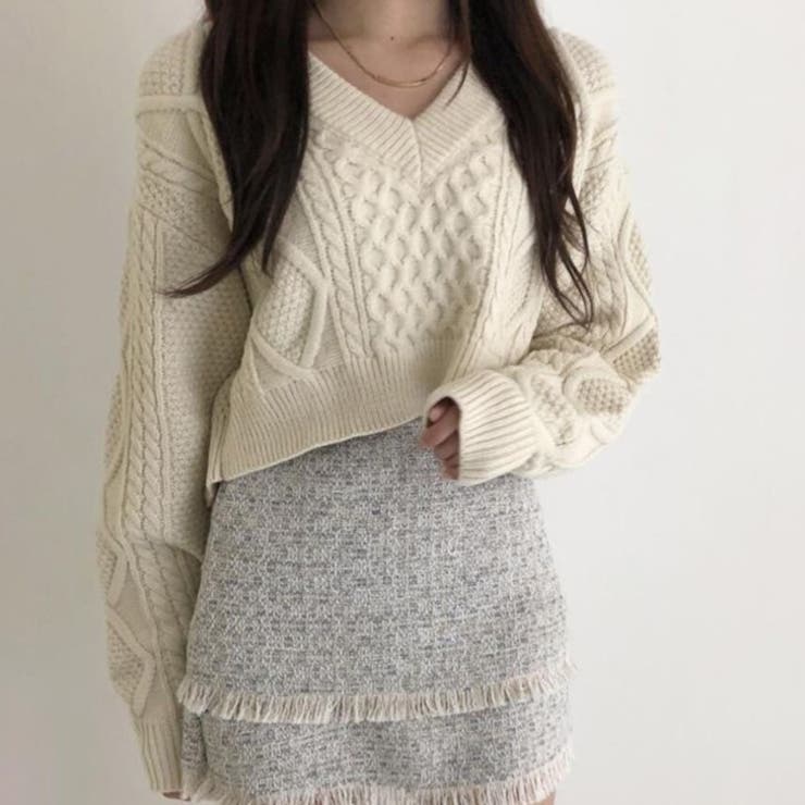 オフホワイト | バック不規則 V ネックルーズニットセーター | Achic