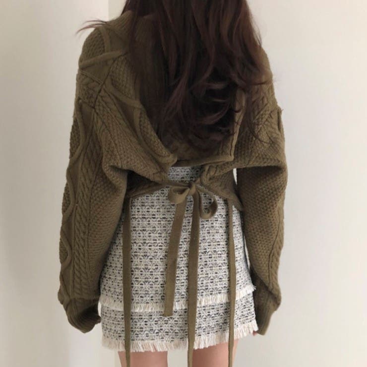 ダークカーキ | バック不規則 V ネックルーズニットセーター | Achic