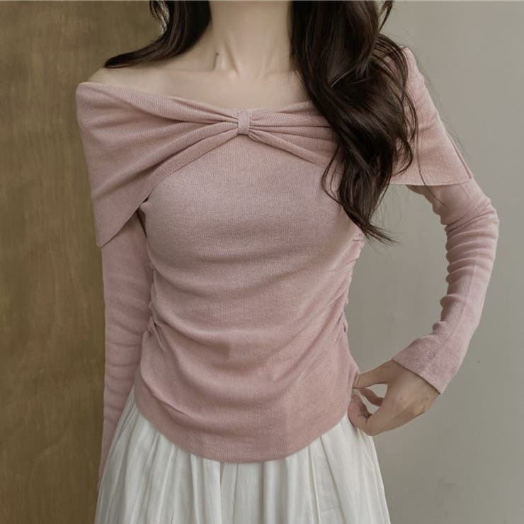 ピンク | ツイストオフショルスリムニット | Achic