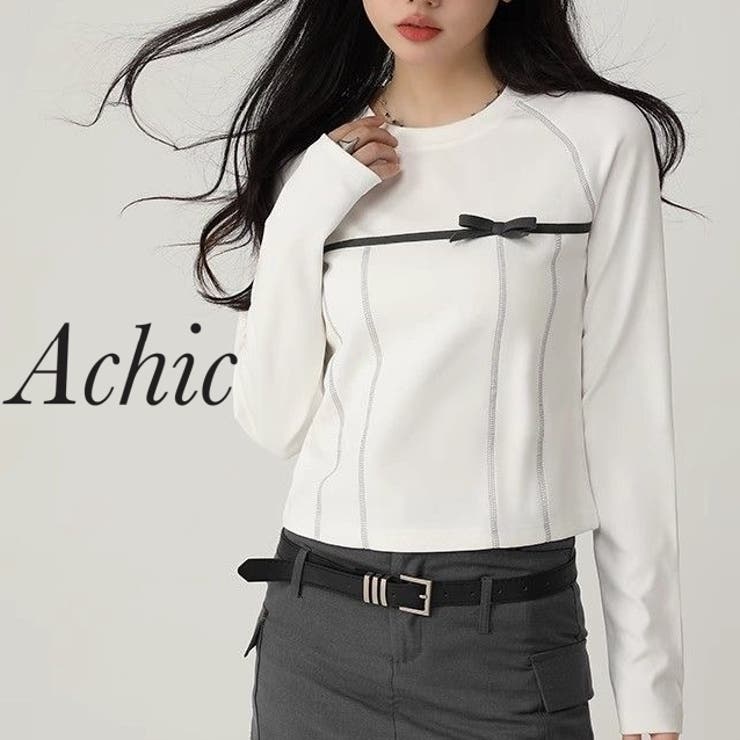リボン白美学スリムクロップトップス | Achic | 詳細画像1 