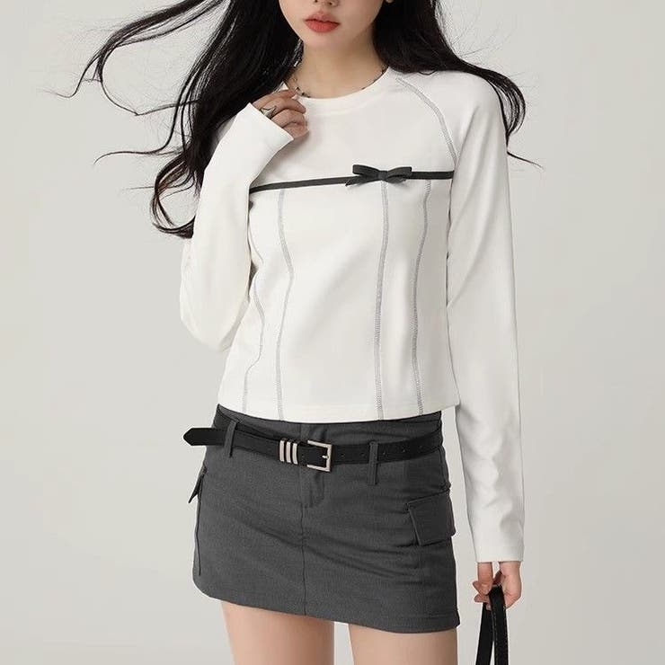 リボン白美学スリムクロップトップス | Achic | 詳細画像3 