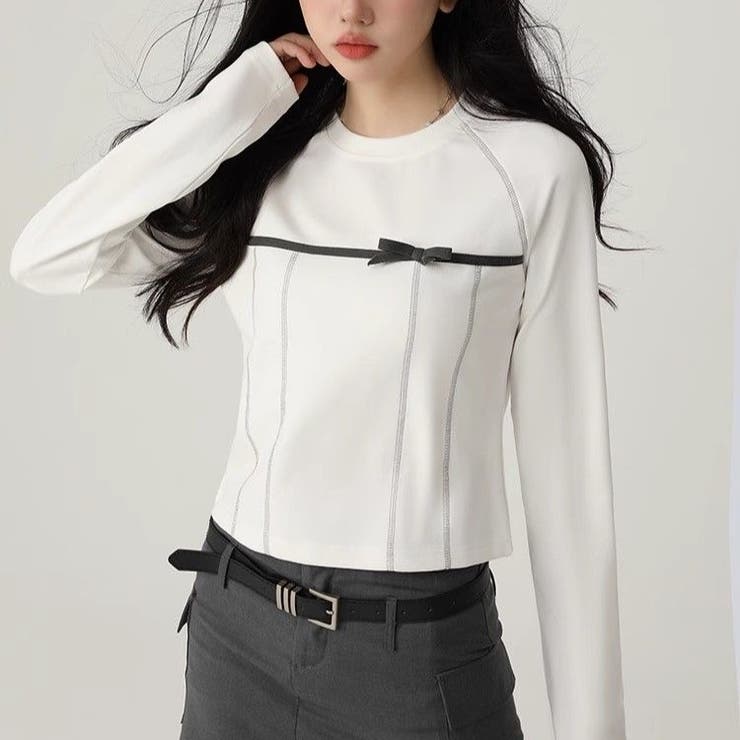 リボン白美学スリムクロップトップス | Achic | 詳細画像7 