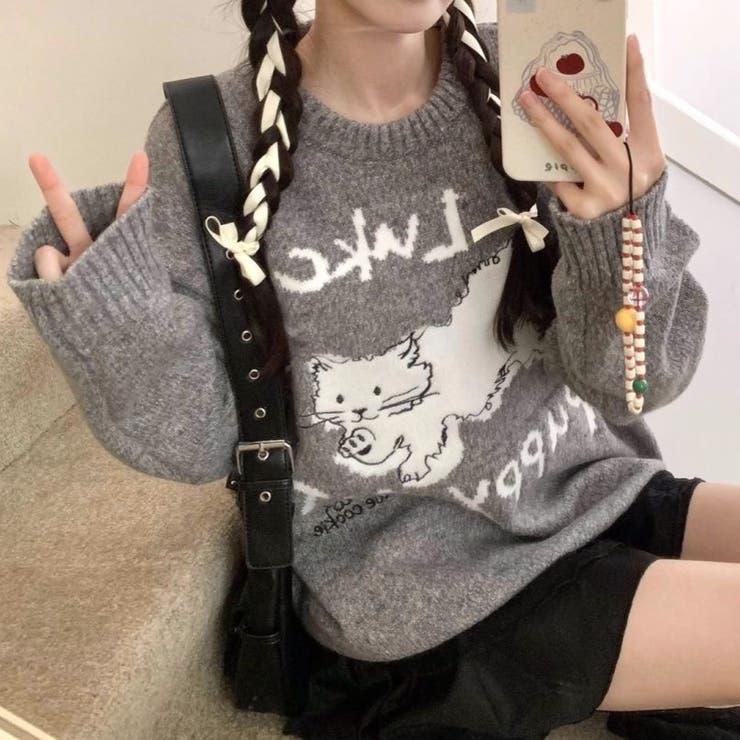 猫柄リブニットプルオーバー[品番：SHNW0011947]｜Achic（アシック）の