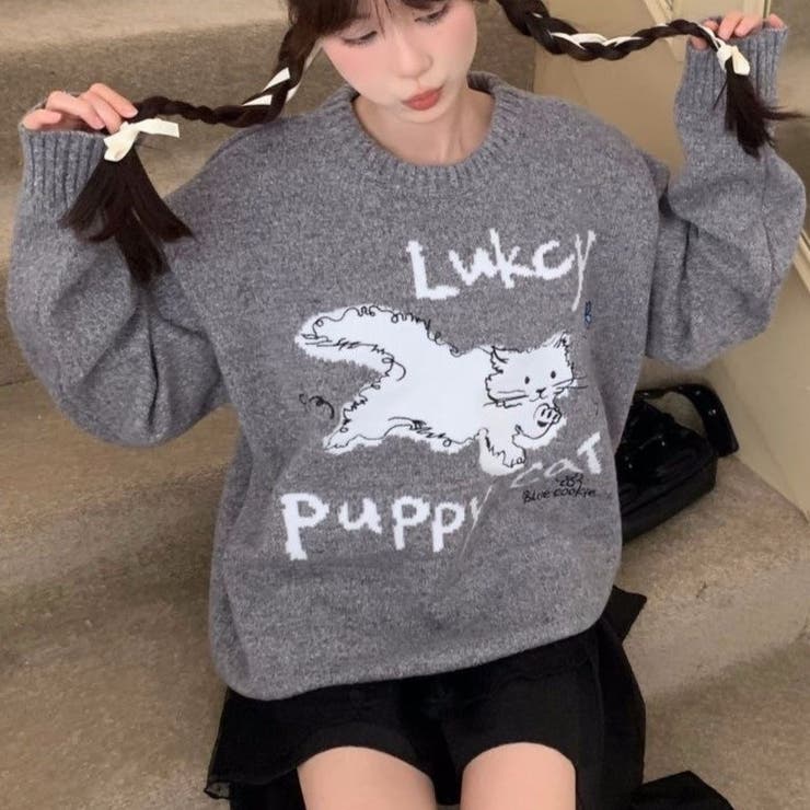 猫柄リブニットプルオーバー[品番：SHNW0011947]｜Achic（アシック）の