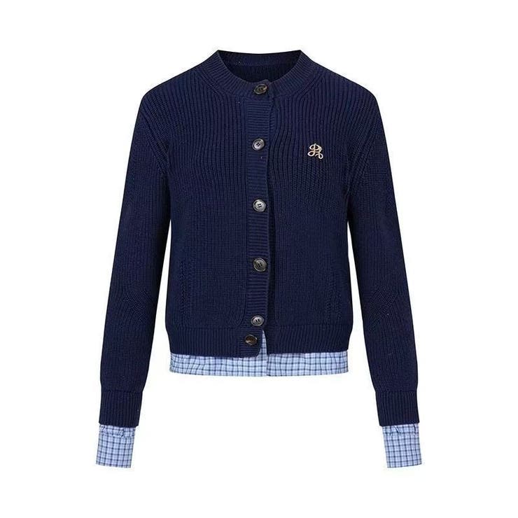 ネイビー | チェック柄裾ニットカーディガン | Achic