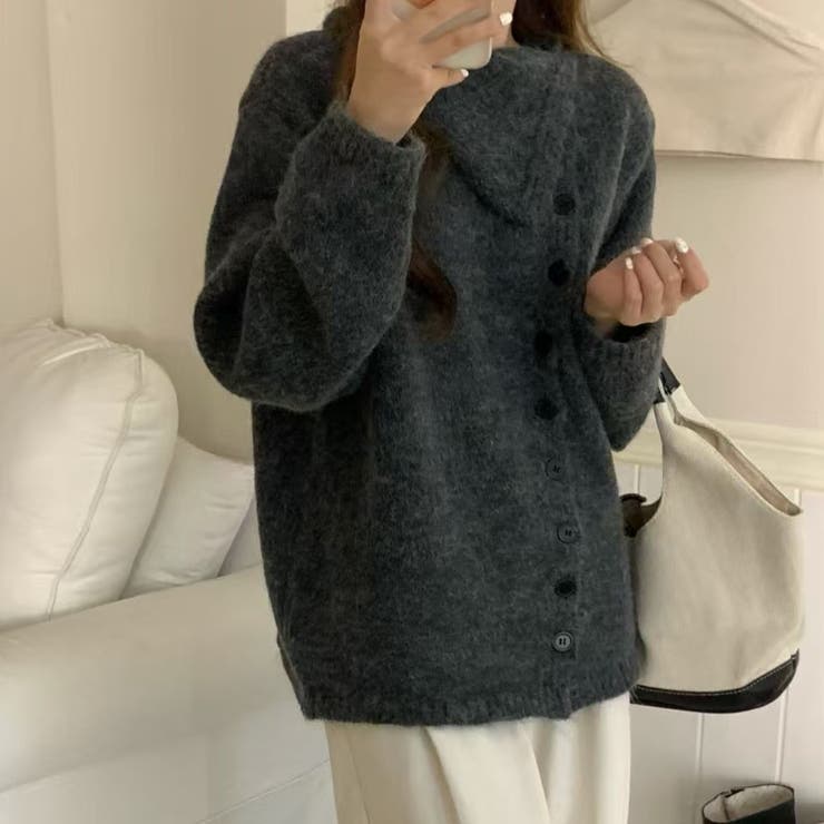 ダークグレー | ボタンアップ大きい衿ニットプルオーバー | Achic