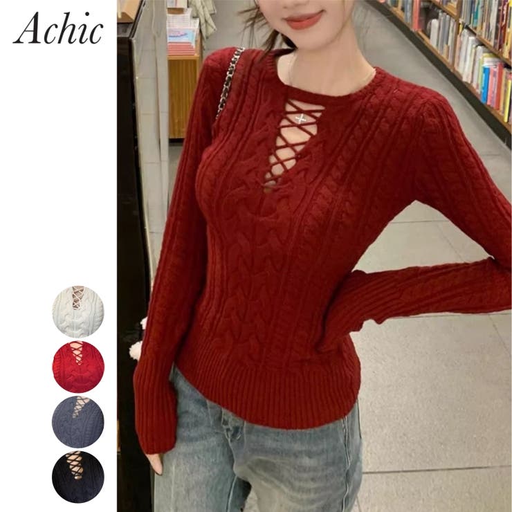 レースアップケーブルニットプルオーバー | Achic | 詳細画像1 