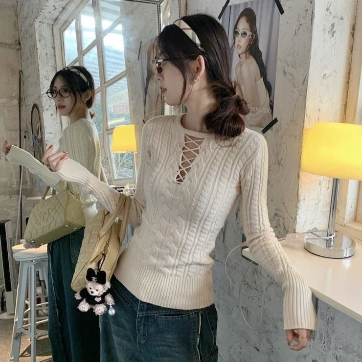 レースアップケーブルニットプルオーバー | Achic | 詳細画像10 