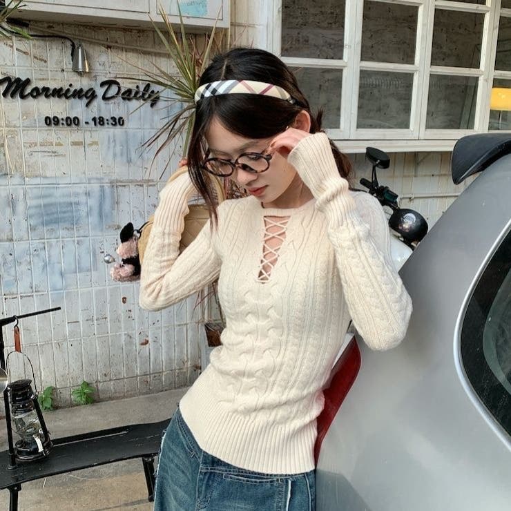 レースアップケーブルニットプルオーバー | Achic | 詳細画像11 