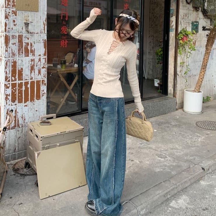 レースアップケーブルニットプルオーバー | Achic | 詳細画像12 