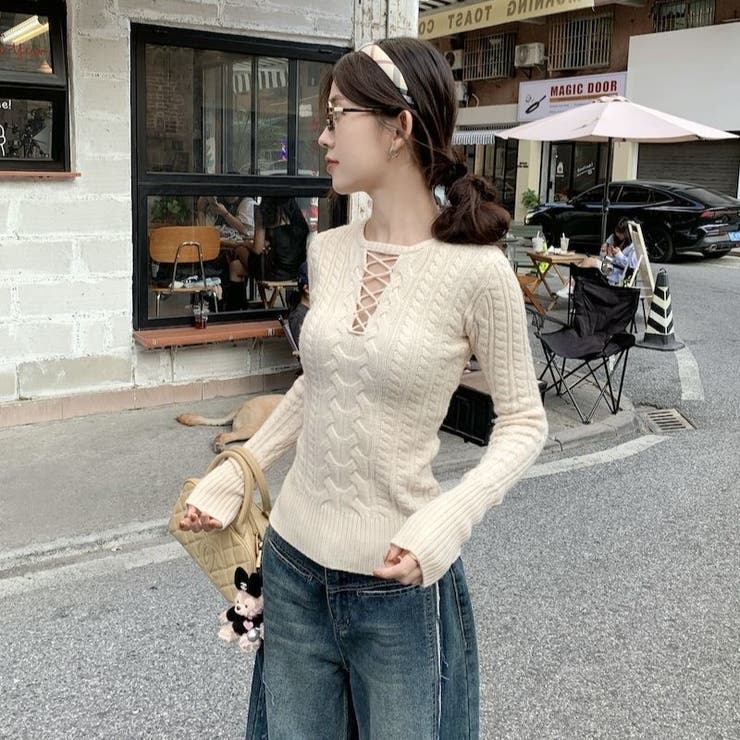 レースアップケーブルニットプルオーバー | Achic | 詳細画像13 