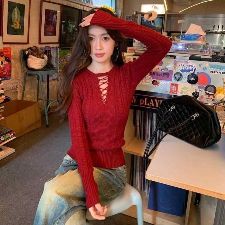 レースアップケーブルニットプルオーバー | Achic | 詳細画像17 