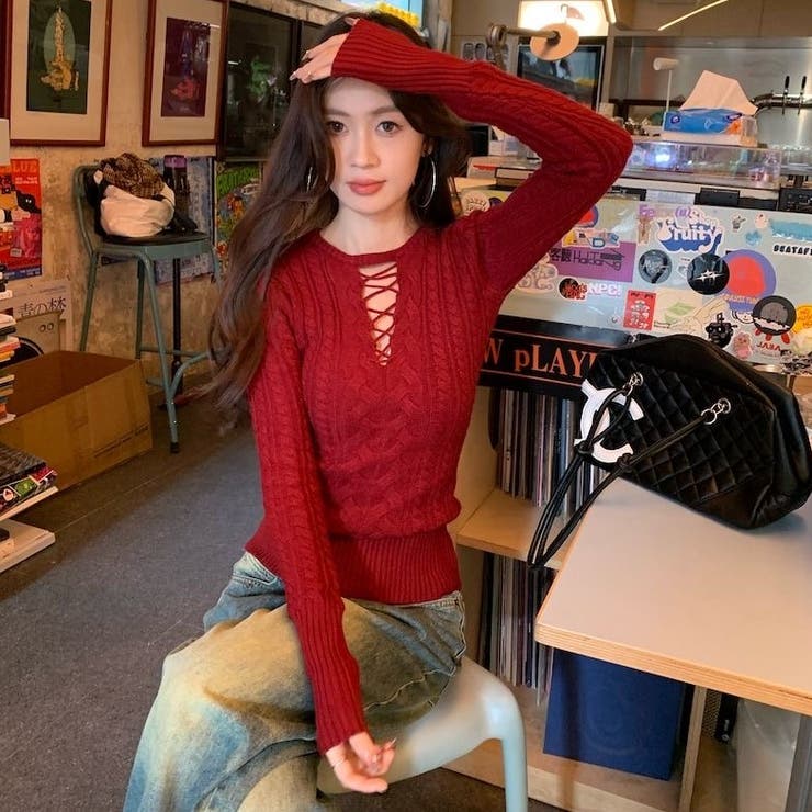 レースアップケーブルニットプルオーバー | Achic | 詳細画像22 