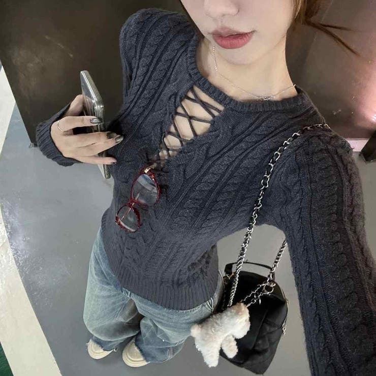 レースアップケーブルニットプルオーバー | Achic | 詳細画像27 