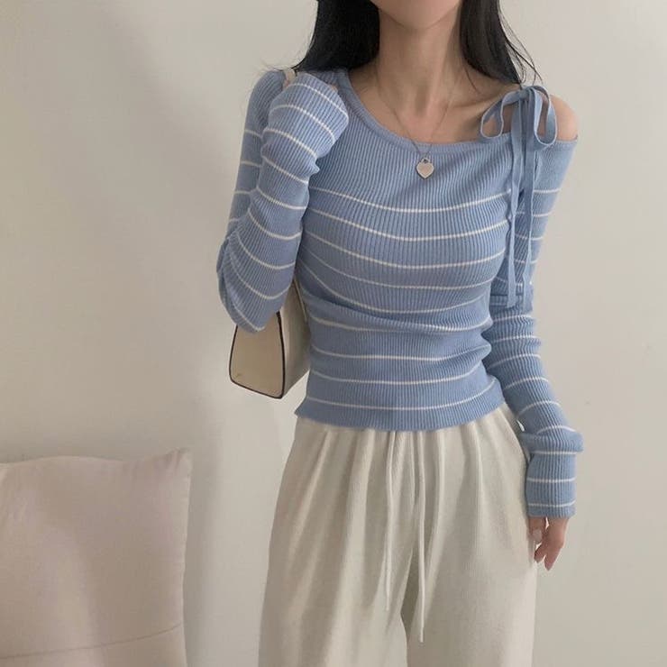 ブルー | リボンワンオフショルボーダーニット | Achic