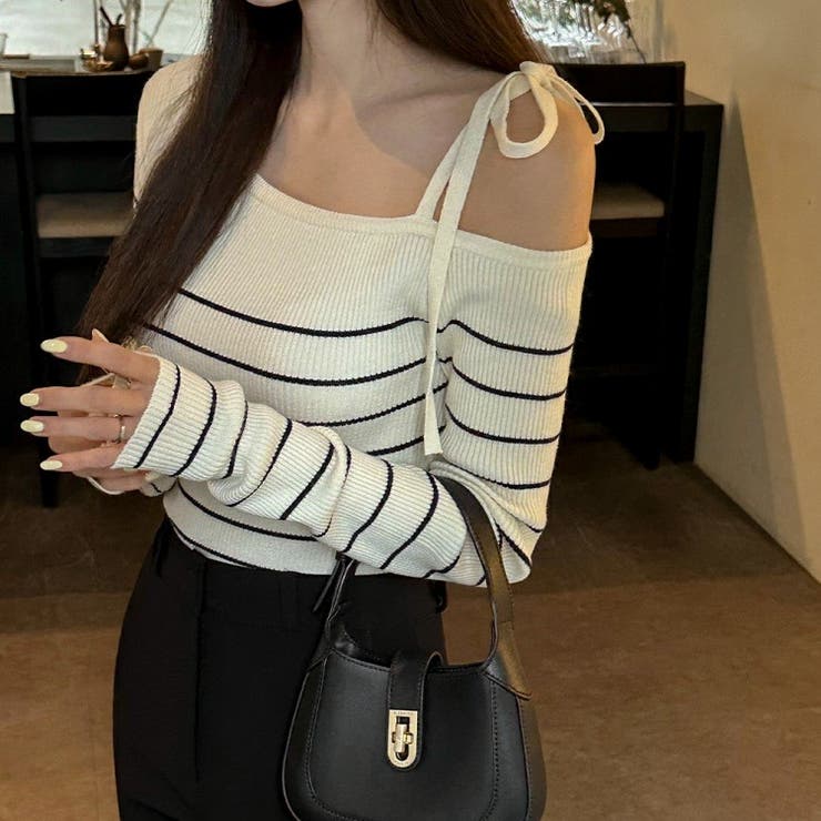 リボンワンオフショルボーダーニット | Achic | 詳細画像8 