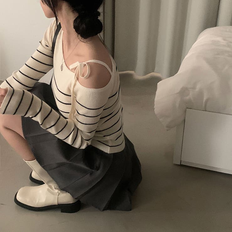 リボンワンオフショルボーダーニット | Achic | 詳細画像11 