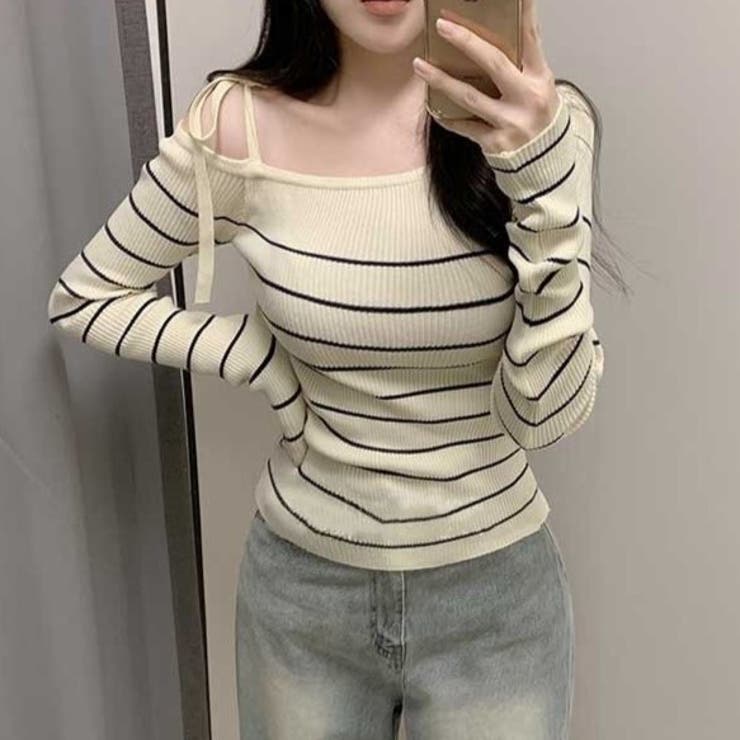 リボンワンオフショルボーダーニット | Achic | 詳細画像12 