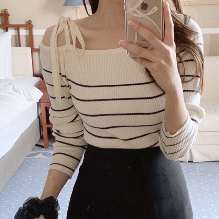 リボンワンオフショルボーダーニット | Achic | 詳細画像14 