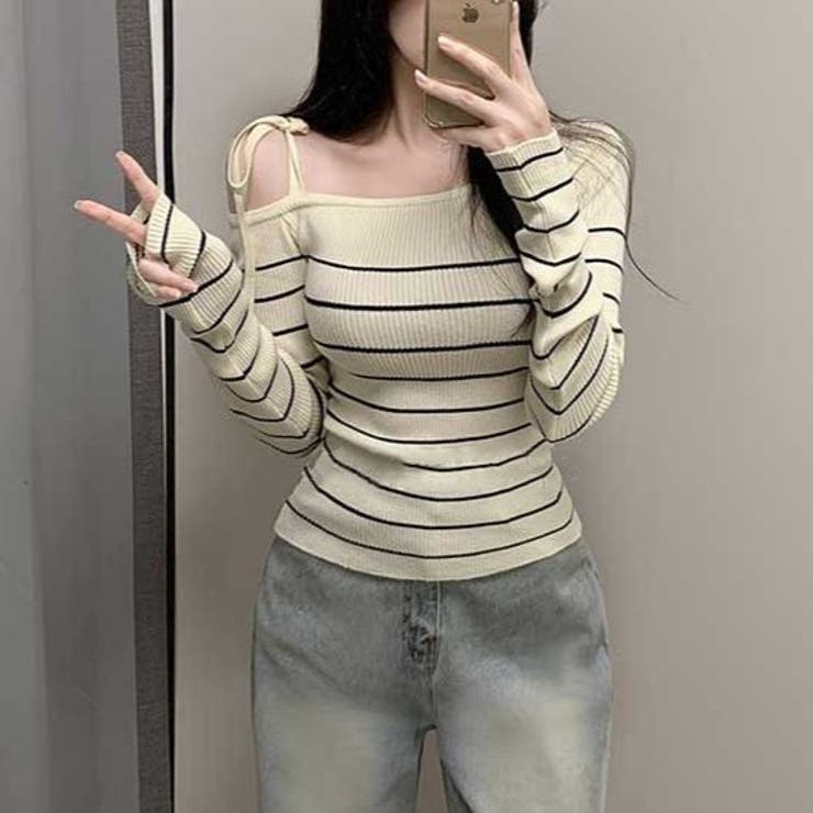 リボンワンオフショルボーダーニット | Achic | 詳細画像15 