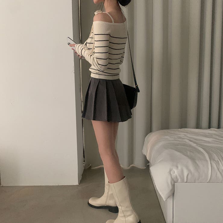 リボンワンオフショルボーダーニット | Achic | 詳細画像16 