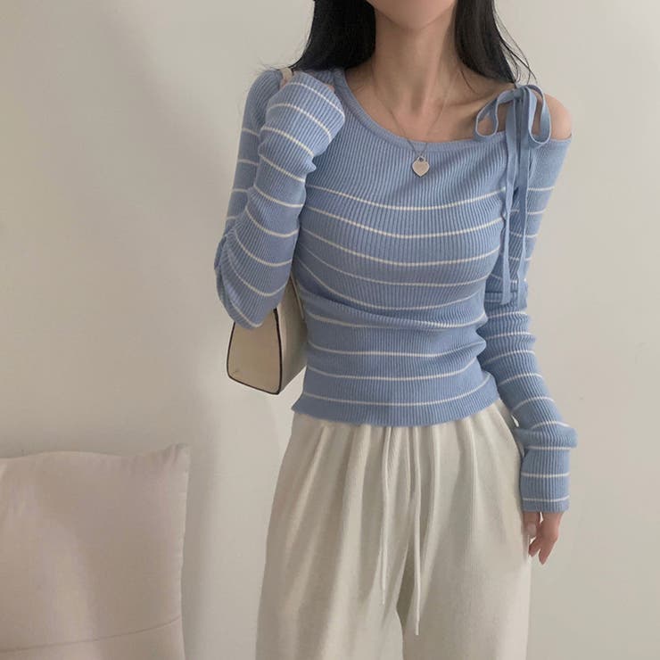 リボンワンオフショルボーダーニット | Achic | 詳細画像17 