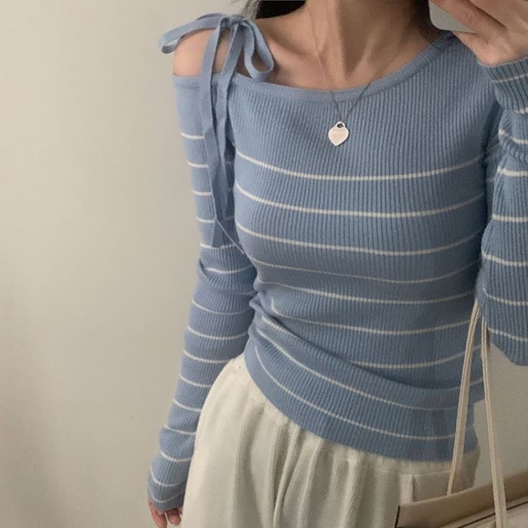 リボンワンオフショルボーダーニット | Achic | 詳細画像21 