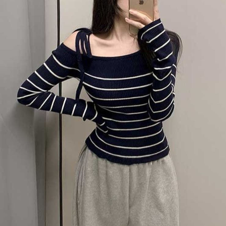 リボンワンオフショルボーダーニット | Achic | 詳細画像23 