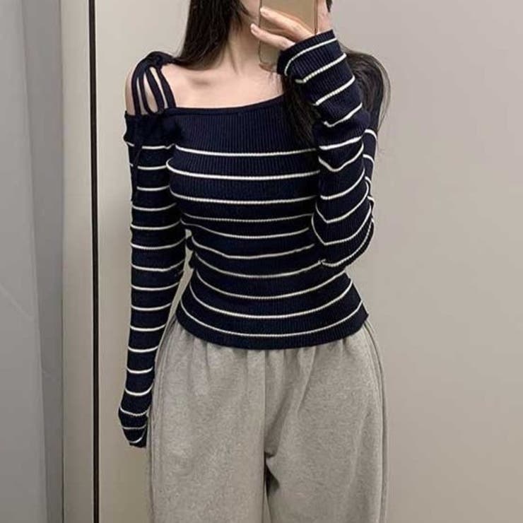 リボンワンオフショルボーダーニット | Achic | 詳細画像24 