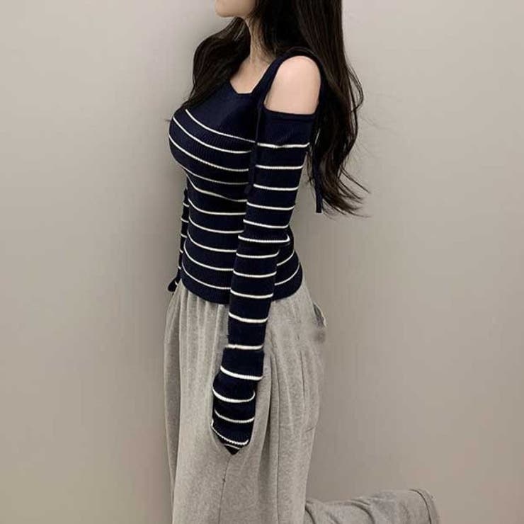 リボンワンオフショルボーダーニット | Achic | 詳細画像25 