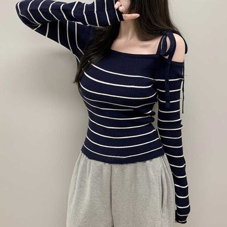 リボンワンオフショルボーダーニット | Achic | 詳細画像26 