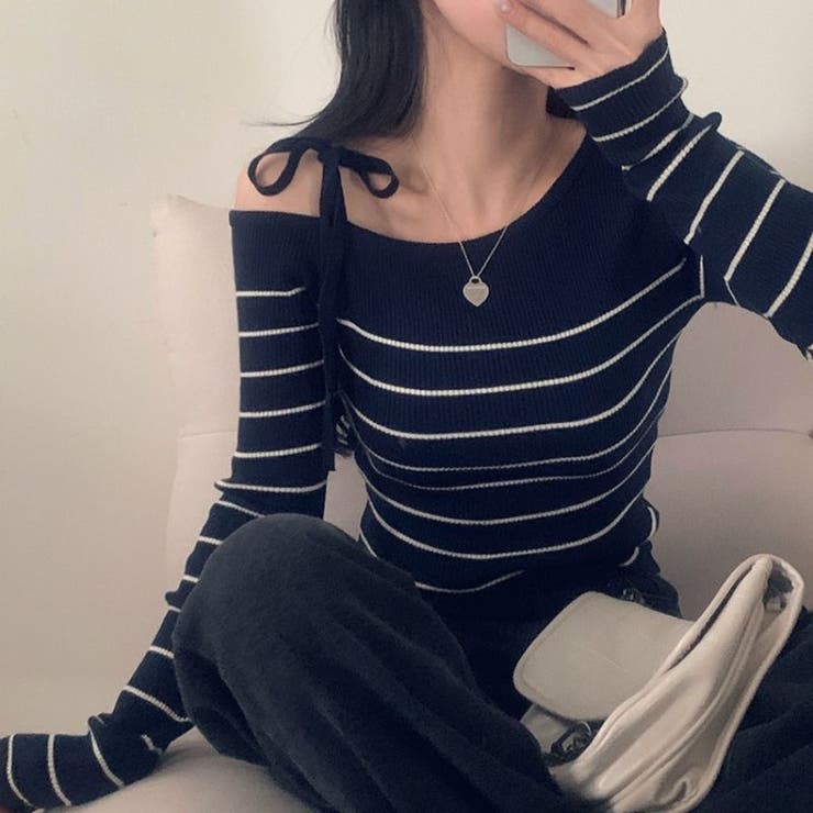 リボンワンオフショルボーダーニット | Achic | 詳細画像27 