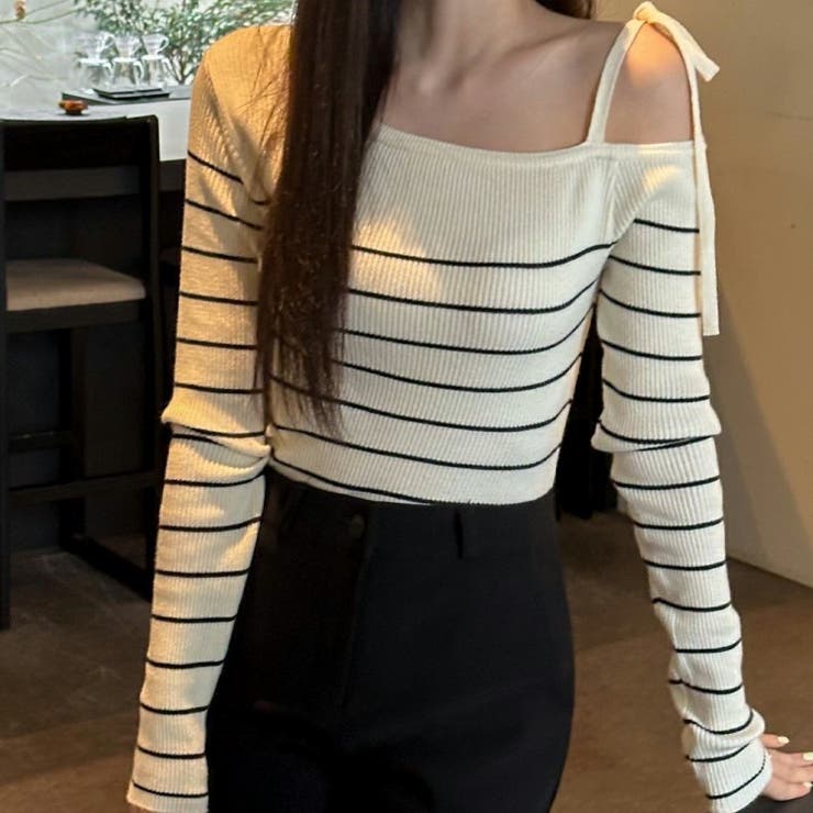 リボンワンオフショルボーダーニット | Achic | 詳細画像6 