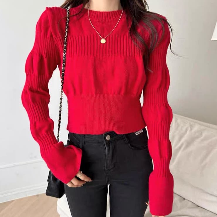 レッド | ベルスリーブクロップド丈ニットプルオーバー | Achic