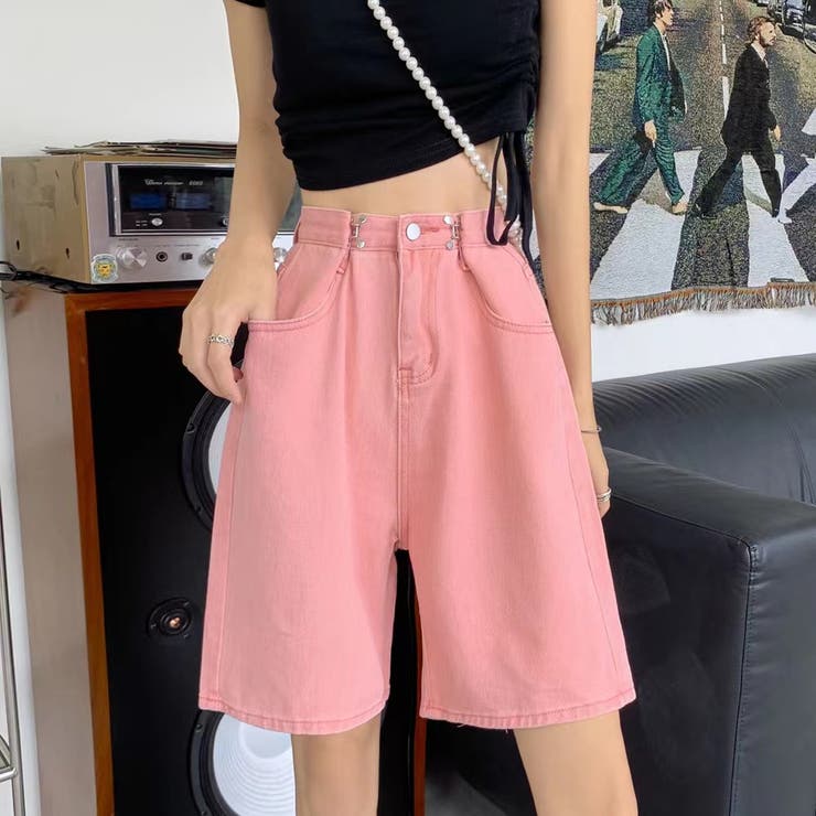 ズボンウエストホック付きショート丈カラーパンツ カラーパン デニム