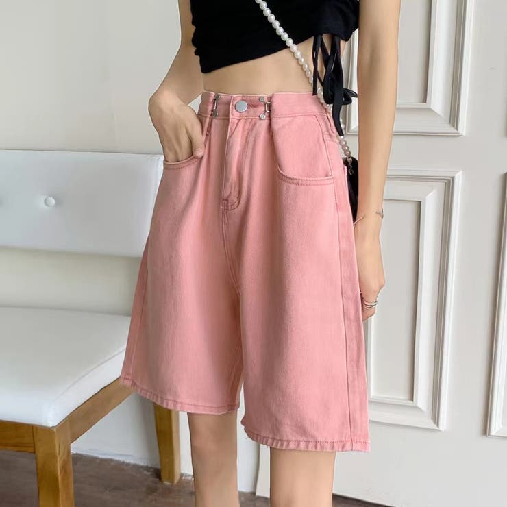 ズボンウエストホック付きショート丈カラーパンツ カラーパン デニム