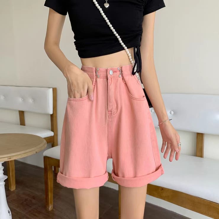 ズボンウエストホック付きショート丈カラーパンツ カラーパン デニム