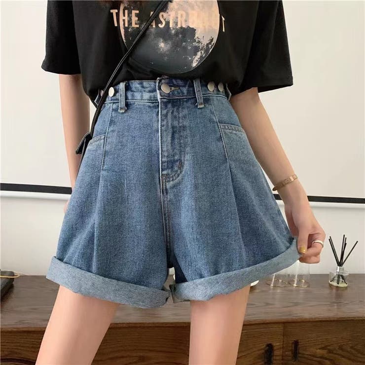 グレー デニム ショートパンツ ウエスト調整可能 ハイウエスト デニムショートパンツ - デニムグレー